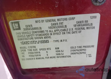 2001 GMC Yukon Slt z USA, uszkodzony, nr VIN 1GKEC13T21J193583